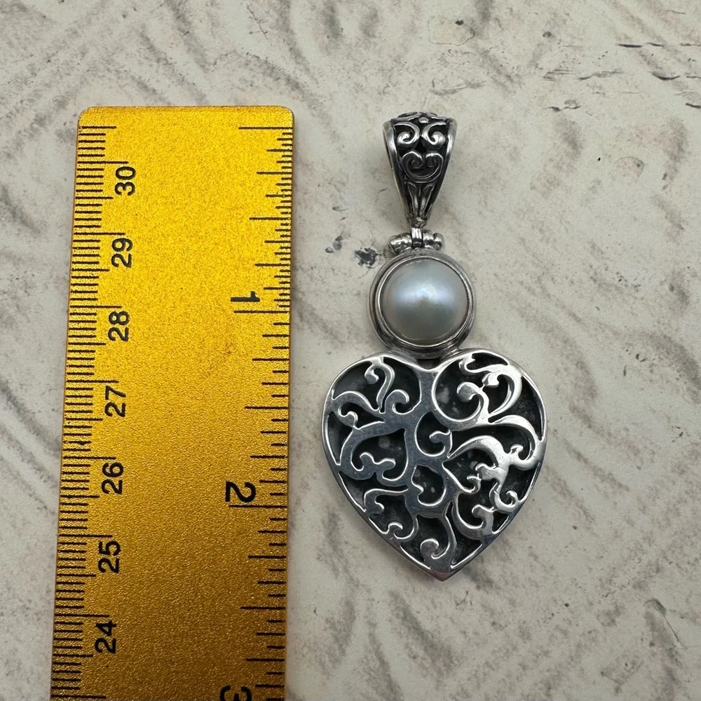 Sterling Silver 925 Wedding Heart Pendant Omega Pearl Byzantine Scroll Vtg 2.5